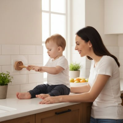 Enfant assis comptoir jouant cuillère bois cache prise murale maman souriante