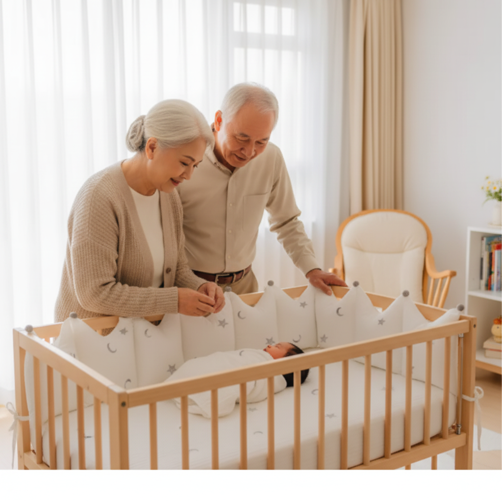 Grands-parents admirant bébé tour de lit bebe
