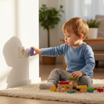 Jeune garçon touche et joue côté cache prise murale lilas