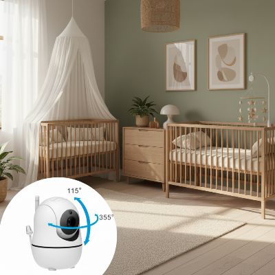 Nurserie de rêve camera bebe angle de rotation blanche en avant-plan deux lits chêne clair décor nordique luxe