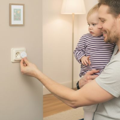 Papa souriant installe cache prise avec bébé bras