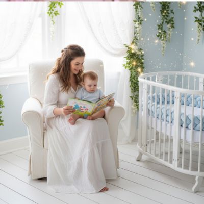 Tresse de lit bébé bleue maman berce bébé lis histoire
