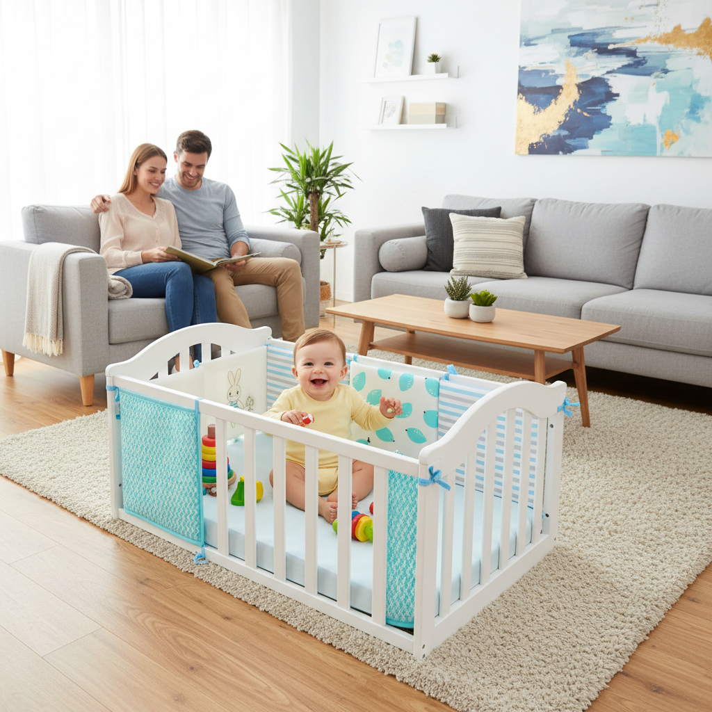 Tour de lit turquoise utilisé dans un parc pour bébé
