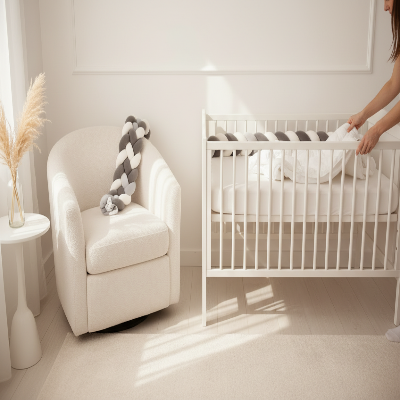 tresse de lit grise et blanche posée sur fauteuil nettoyage literie