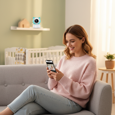Application intuitive accès distance camera bebe bleue maman téléphone main sourie
