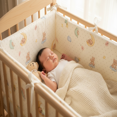 Bébé dort paisiblement dans son lit avec tour de lit pour bebe
