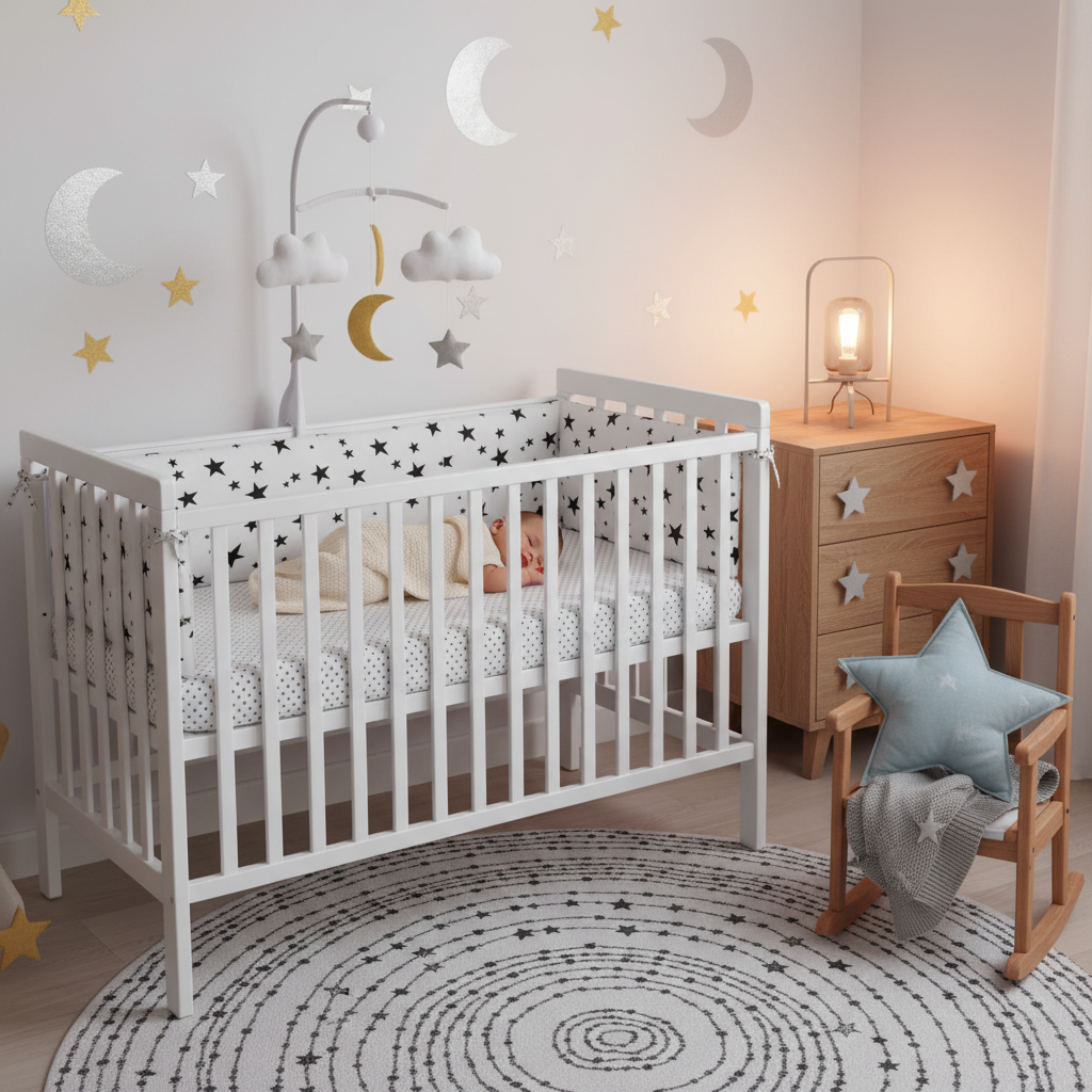 Bébé endormi chambre thème céleste avec tour de lit bebe étoiles