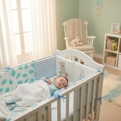 Bébé endormi paisiblement avec tour de lit bébé bleu