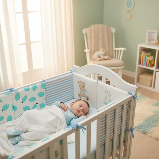 Bébé endormi paisiblement avec tour de lit bébé bleu