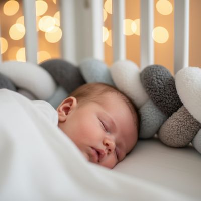Bébé endormi tête contre tresse de lit bebe gris bleu blanc