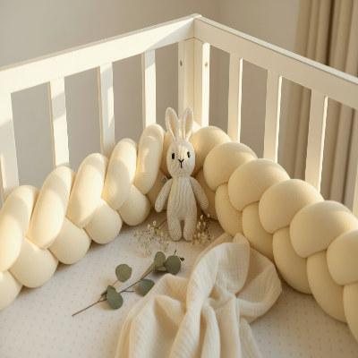Bébé gazouillant dans son lit avec tresse de lit jaune pâle