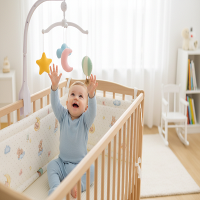Bébé joue avec son mobile dans son lit avec tour de lit pour bebe