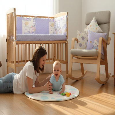 Bébé souriant avec maman tour de lit pour bebe lapinou mauve