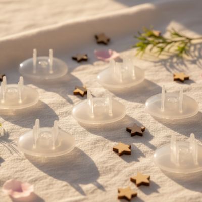 Cache pour prise sol étoiles bois petites fleurs roses tissus lin