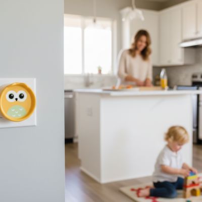 Cache prise murale hibou jaune cuisine vue près maman cuisine bébé joue