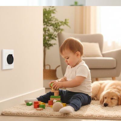 Cache prise noir ours enfant jouant côté chien