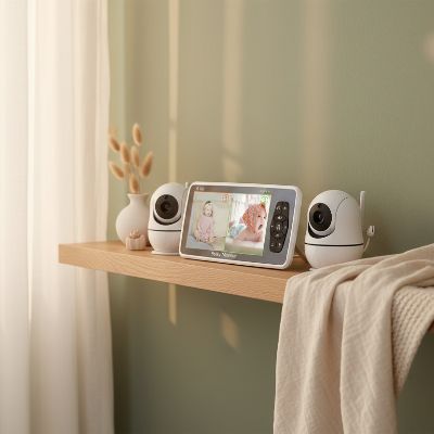 Camera bebe 2 caméras étagère nordique en chêne clair, décor vert pastel lumière douce
