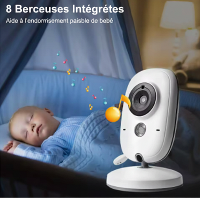 Camera bebe avec 8 berceuses intégrées, bébé endormi dans une nurserie nordique avec notes de musique