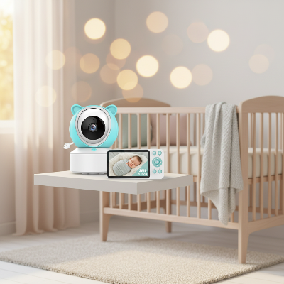 Camera bebe bleue oreilles ours et écran portable moniteur chambre bébé lumières scintillantes