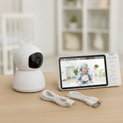 Camera bebe tous accessoires table bois bibliothèque arrière floue barrière bébé