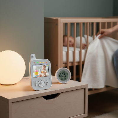 Capteur température baby monitor chambre maman apporte couverture bébé