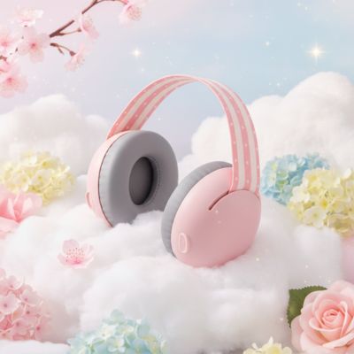 Casque anti bruit bébé rose sur nuages et fleurs