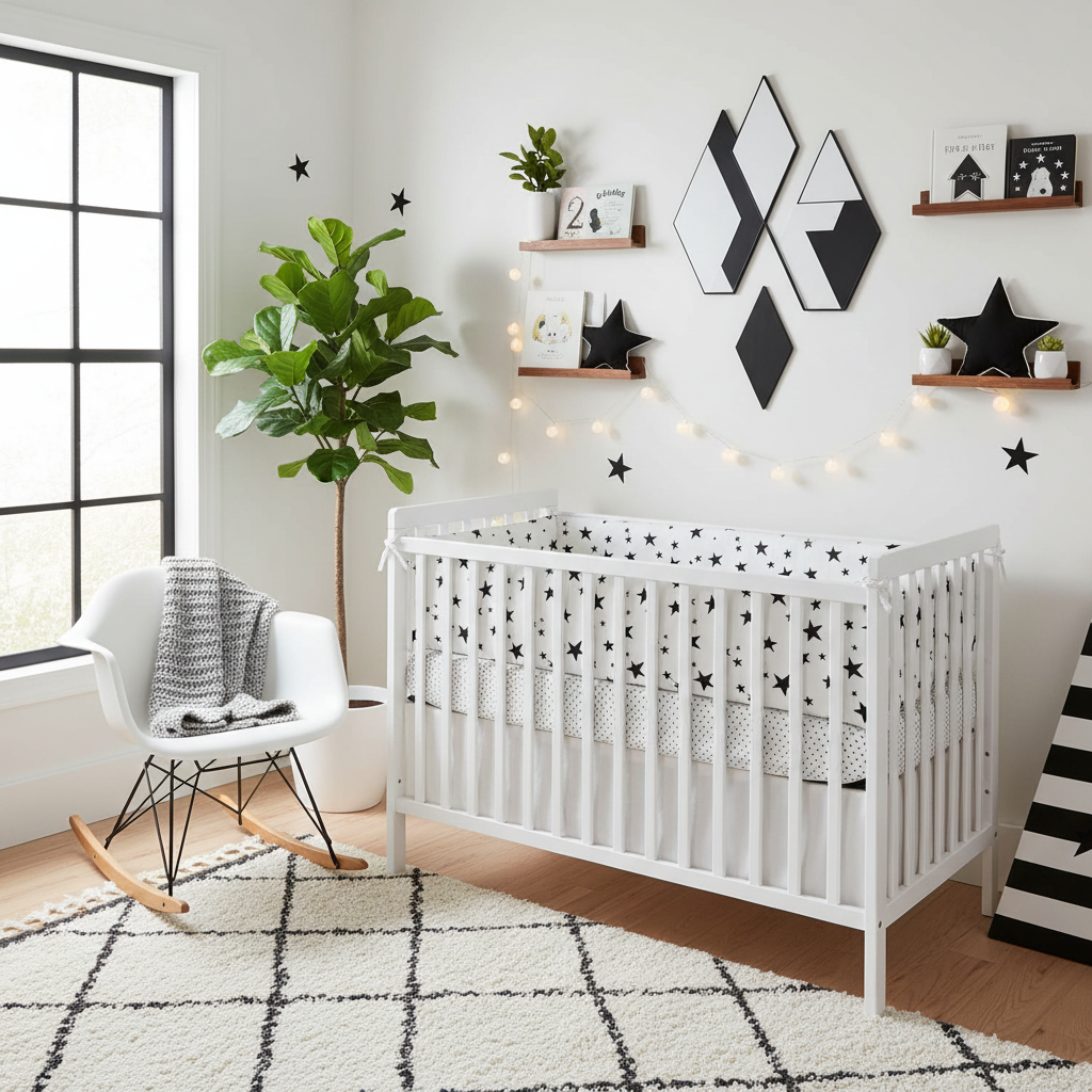 Chambre bébé thème noir et blanc tour de lit bebe étoiles