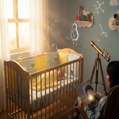 Chambre féérique avec tour de lit pour bebe astronautes maman veillant 