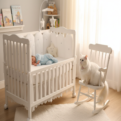 Chat blanc veillant sur bébé avec tour de lit pour bebe blanc