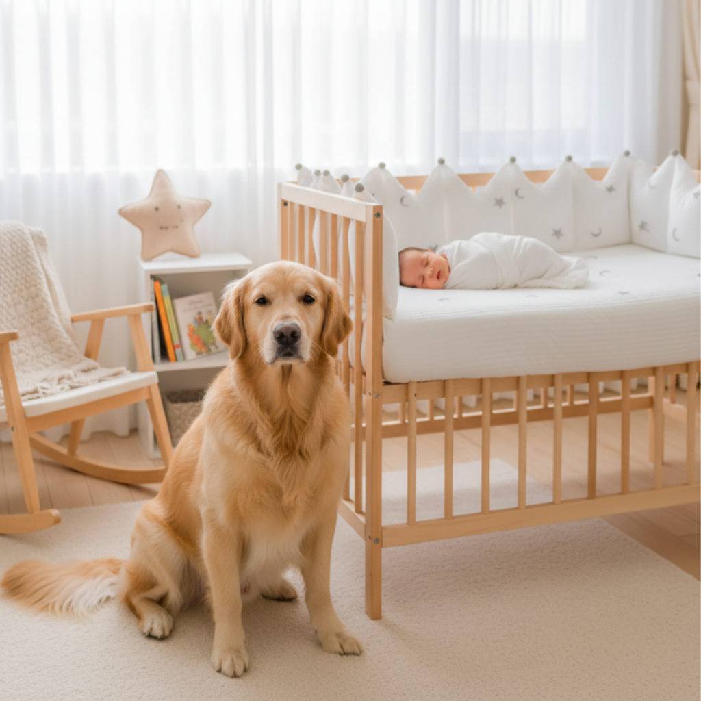 Chien de famille près du lit de bébé tour de lit bebe