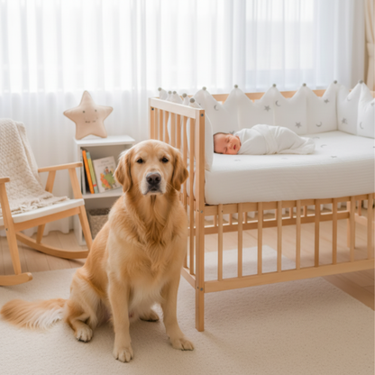 Chien de famille près du lit de bébé tour de lit bebe