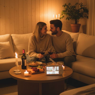 Couple  heureux serein dîner romantique moniteur cam bebe