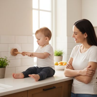 Enfant assis comptoir jouant cuillère bois cache prise murale maman