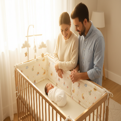 Famille heureuse admirant bébé  berceau  tour de lit pour bebe lapins ballons