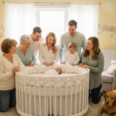Famille regarde bébé dormir lit rond tour de lit tresse blanc