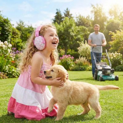 Fillette souriante casque anti bruit enfant chiot papa tondeuse