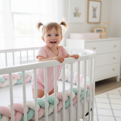 Fillette souriante debout lit tresse de lit bébé rose vert menthe