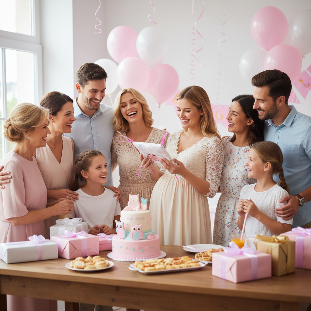 Future maman recevant le tour de lit  bébé rose avec hiboux  