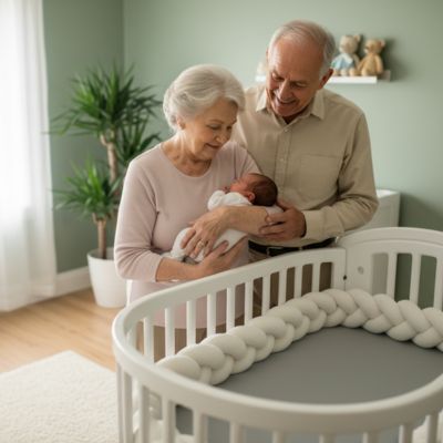 Grand maman tiens bébé bras grand papa tour de lit tresse blanc