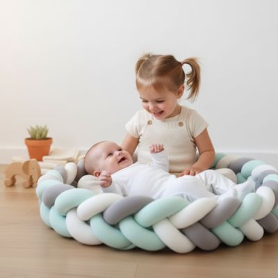 Grande soeur assise jouant avec bébé sur tresse de lit bébé