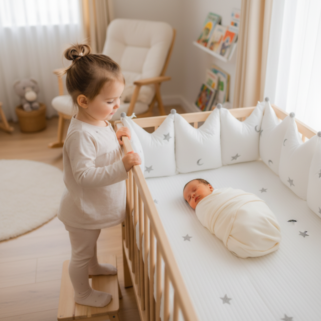 Grande sœur avec bébé tour de lit bebe