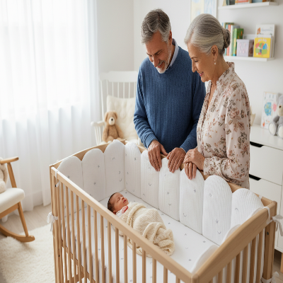 Grands-parents admirant bébé avec tour de lit pour bebe blanc
