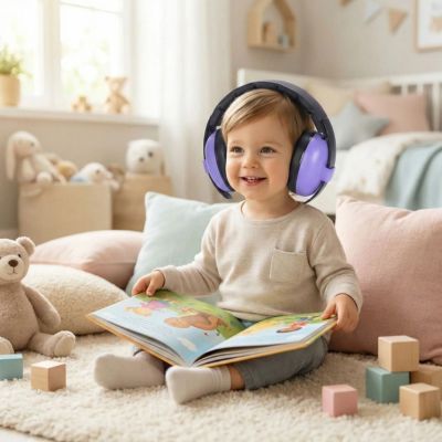 Jeune enfant casque anti bruit pour bebe souriant livre histoire main