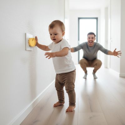 Jeune garçon cache prise murale jaune papa derrière accroupis bras ouvert