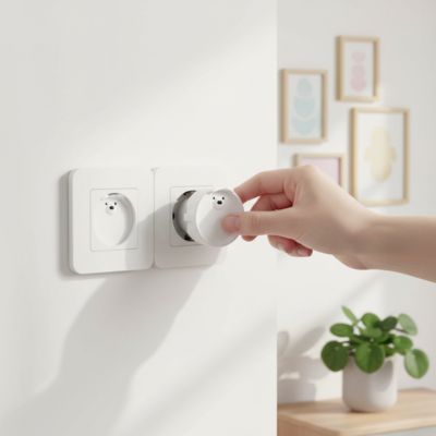 Main installant cache prise blanc cadres mur plante verte