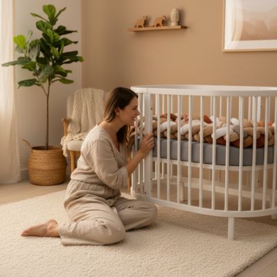 Maman assise sol côté lit bébé tresse de lit bebe terracotta blanc beige