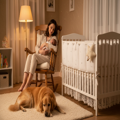 Maman bebe dormant golden retriever et tour de lit pour bebe blanc