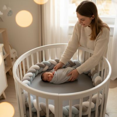 Maman cajole bébé tresse de lit bebe grise bleue blanche