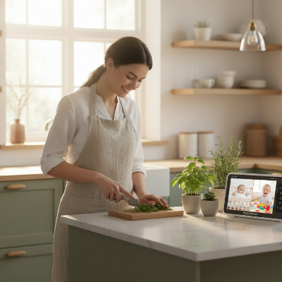 Maman cuisine  belle cuisine nordique  camera bebe affichant deux bébés et des légumes frais