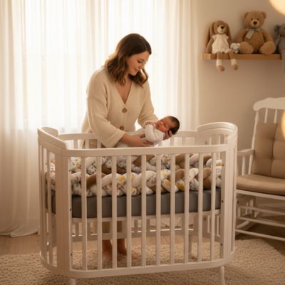 Maman dépose bebe lit avec tresse de lit bébé douce lumière